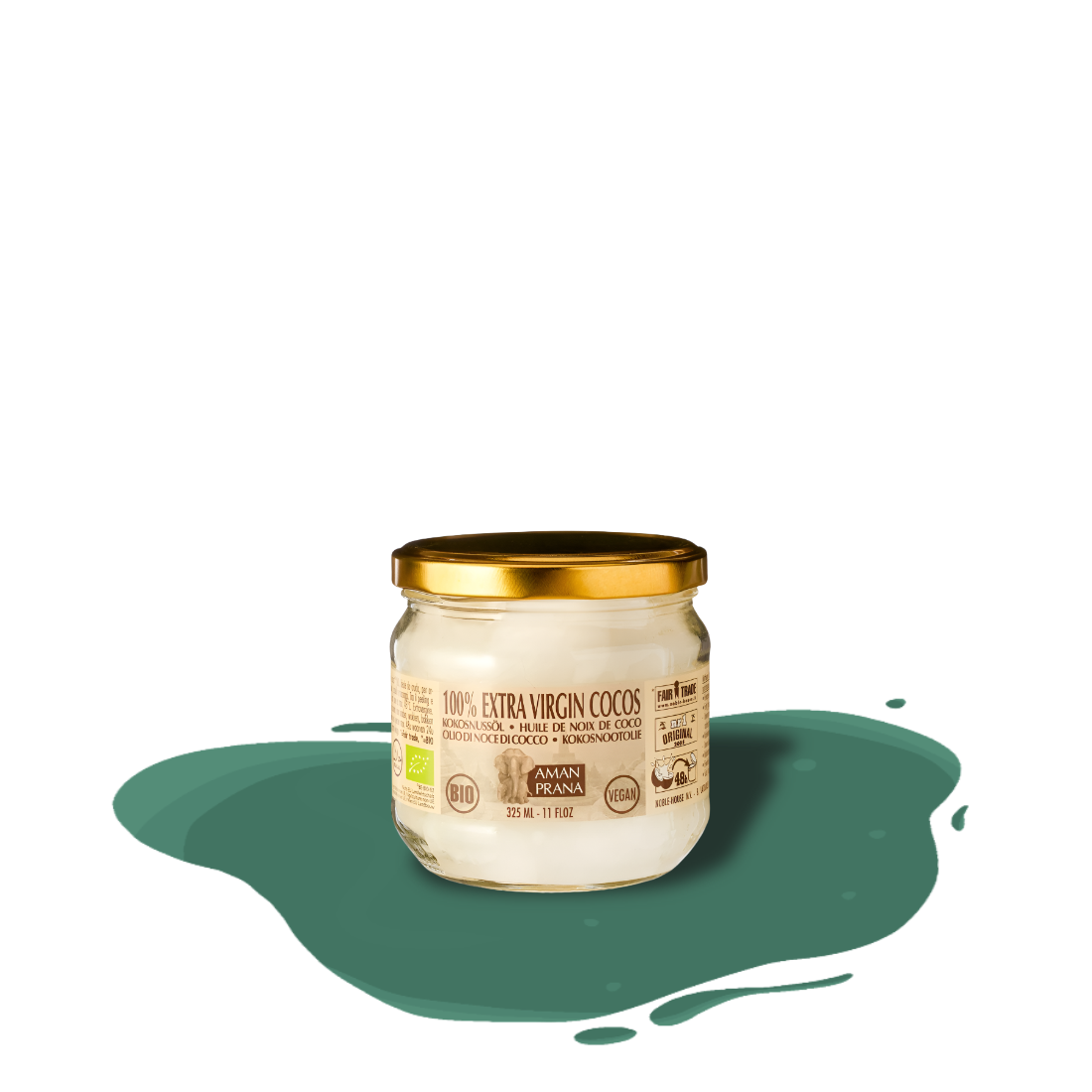 Amanprana organic extra virgin coconut oil, cold-pressed with natural enzymatic process, ethically sourced and plastic-free packaging.