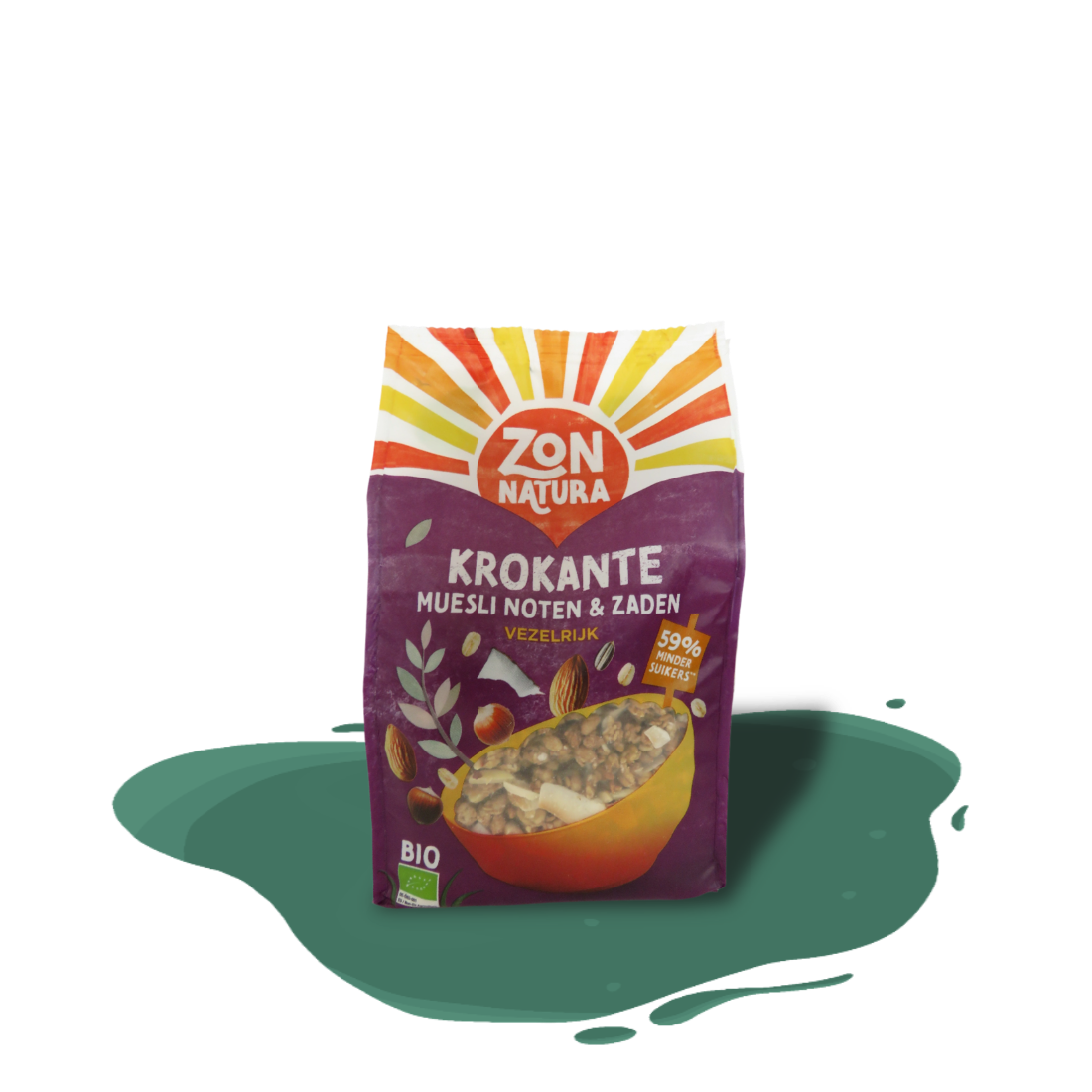 Organic crunchy muesli with whole grains, nuts, seeds, and natural date syrup, naturally high in fiber for a wholesome start to the day.