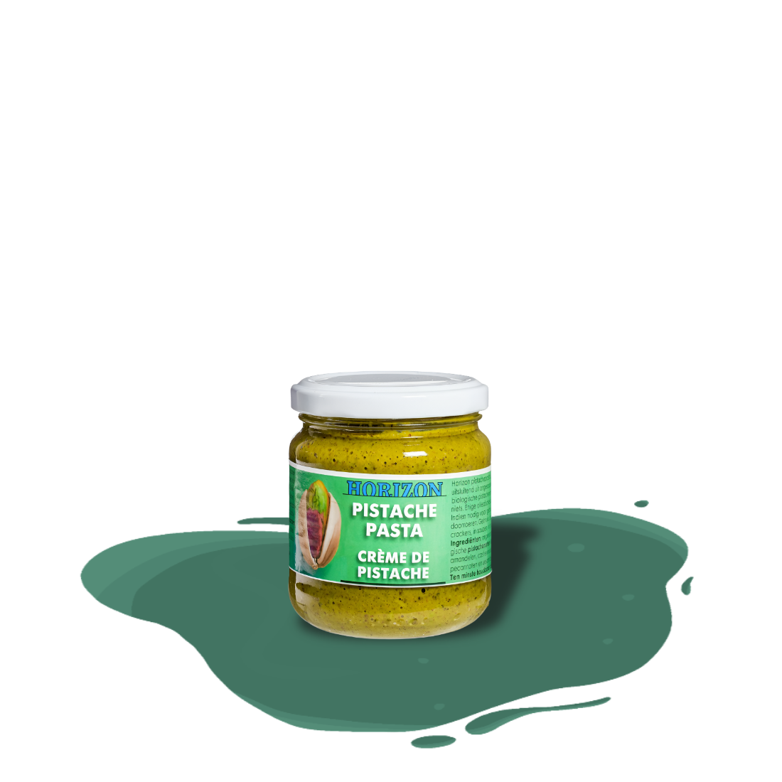 Smooth organic pistachio butter made from 100% ground pistachios, rich in fiber, protein, unsaturated fats, and essential minerals like iron, potassium, and magnesium.