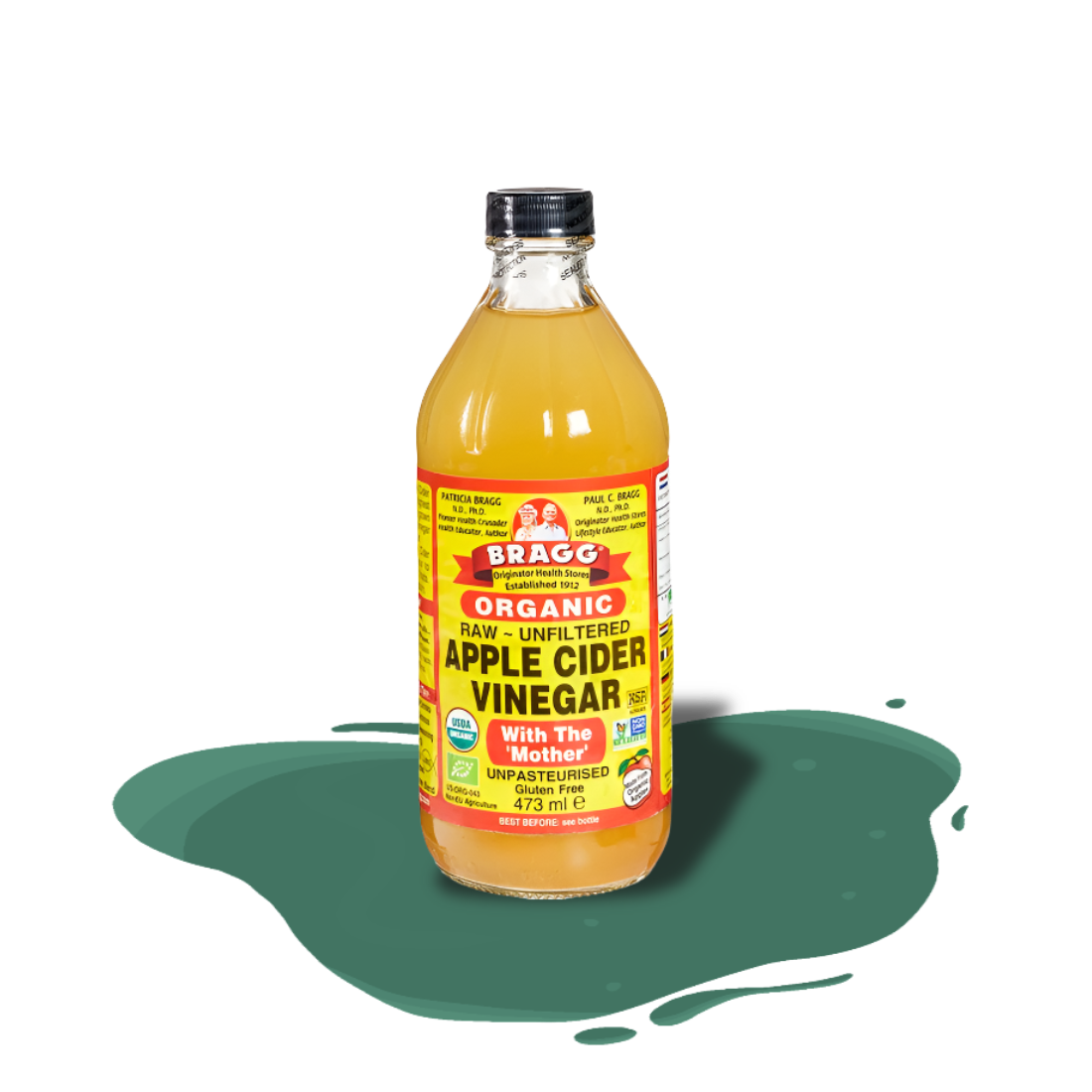 Raw, unfiltered organic apple cider vinegar by Bragg, made from fresh-pressed apples with natural enzymes and live cultures known as ‘the mother’.