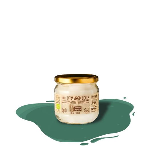 Amanprana organic extra virgin coconut oil, cold-pressed with natural enzymatic process, ethically sourced and plastic-free packaging.
