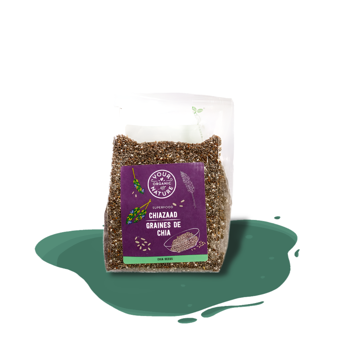 Organic chia seeds, rich in fiber, phosphorus, manganese, calcium, iron, and a plant-based source of omega-3 fatty acids.