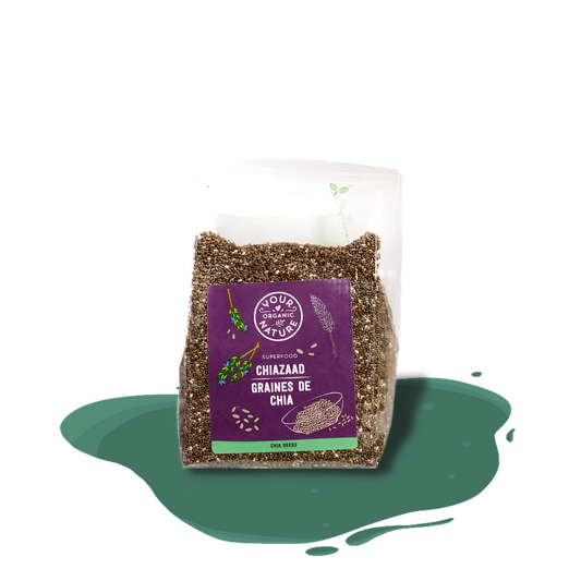 Organic chia seeds, rich in fiber, phosphorus, manganese, calcium, iron, and a plant-based source of omega-3 fatty acids.