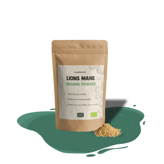 Organic Cupplement Lion’s Mane mushroom powder — traditional herbal supplement used in Asian wellness practices.