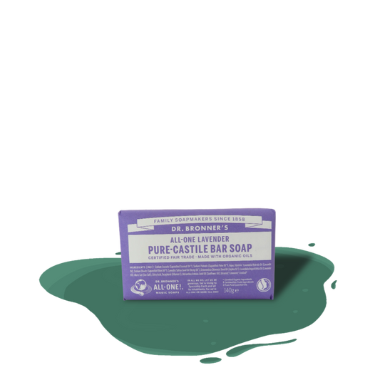 Organic Dr. Bronner’s lavender bar soap – plant-based, fair-trade, biodegradable, gentle cleansing for body and home.