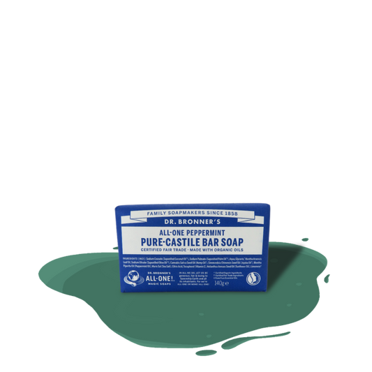 Organic Dr. Bronner’s peppermint bar soap – plant-based, fair-trade, biodegradable, refreshing and gentle cleansing for body and home.