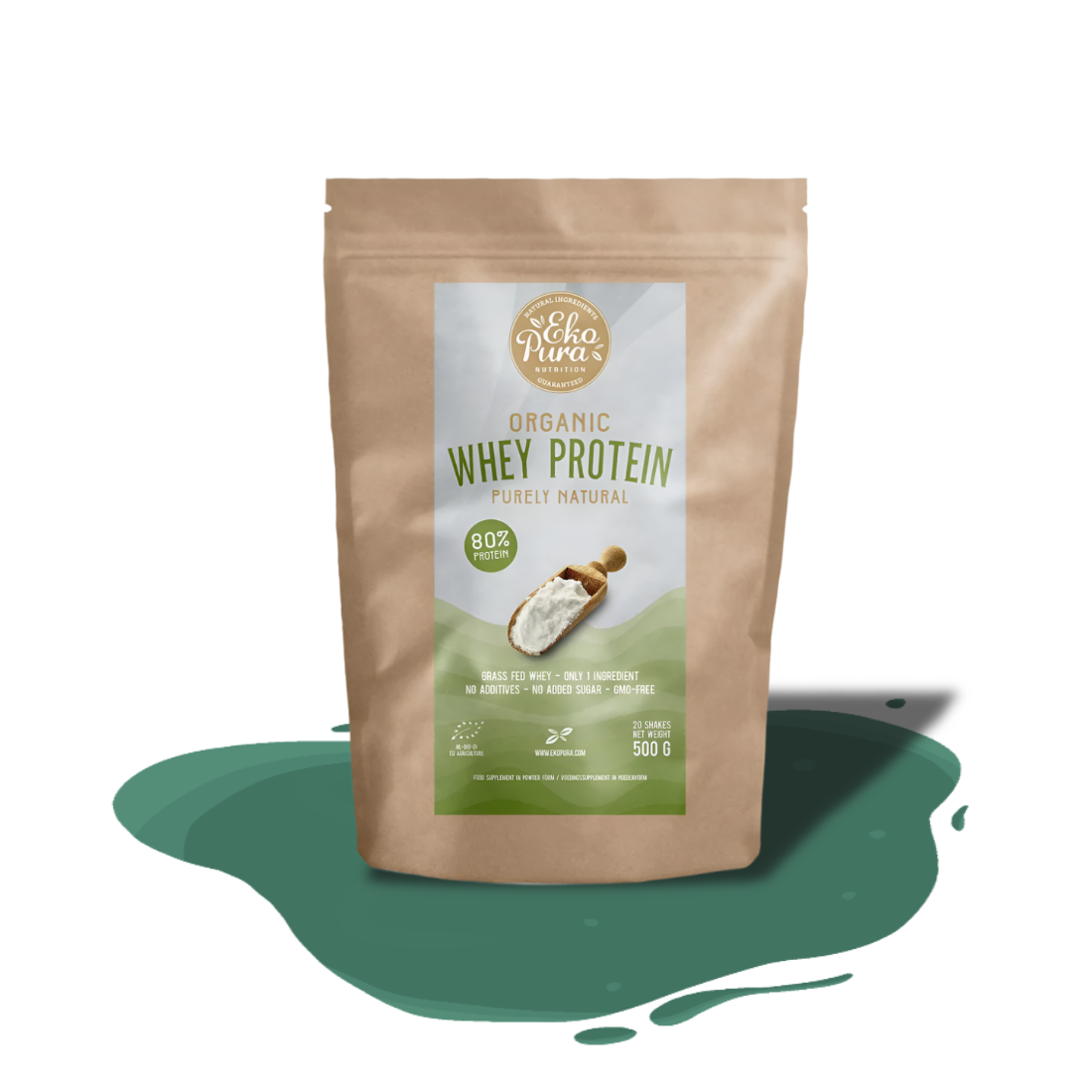 Organic Ekopura whey protein – grass-fed, high-protein powder supporting muscle growth and recovery with sustainable packaging.