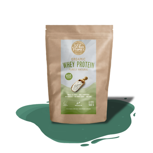 Organic Ekopura whey protein – grass-fed, high-protein powder supporting muscle growth and recovery with sustainable packaging.