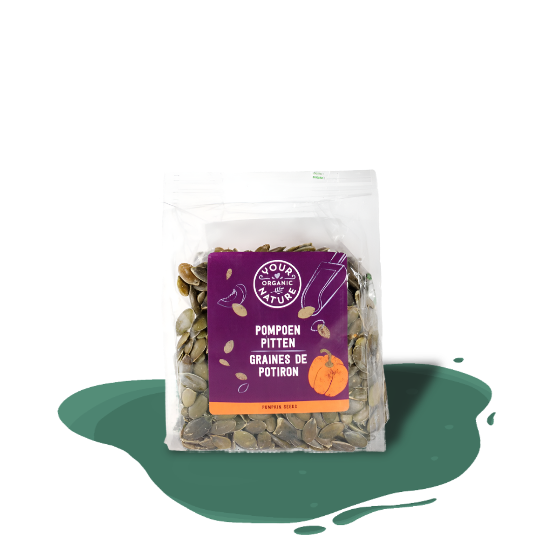 Organic raw pumpkin seeds, shelled and unsalted, rich in protein, magnesium, and iron.