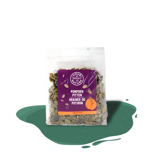 Organic raw pumpkin seeds, shelled and unsalted, rich in protein, magnesium, and iron.