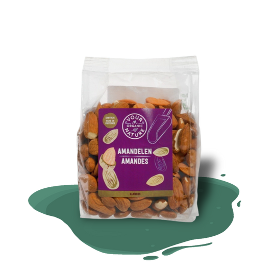 Organic raw almonds, naturally tasty and wholesome, high in vitamin E, a source of protein, and naturally containing unsaturated fats.