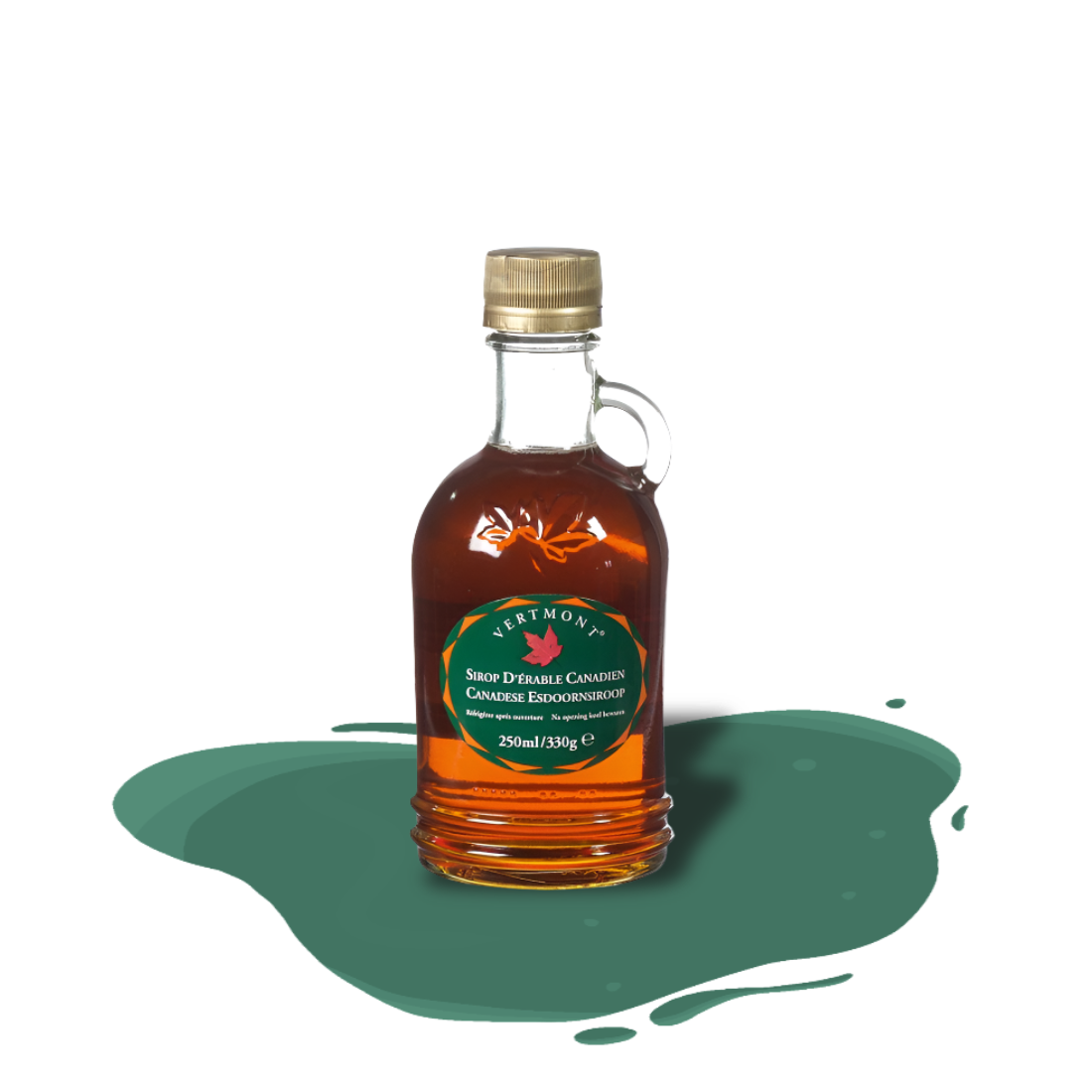 Pure organic Vermont maple syrup, Grade A, tapped from Canadian maple trees, smooth texture with natural minerals and balanced amber flavor.