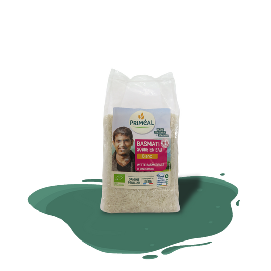 Organic Basmati rice from Primeal — long-grain, naturally fragrant and fluffy, grown at the foot of the Himalayas and Fair Trade certified.