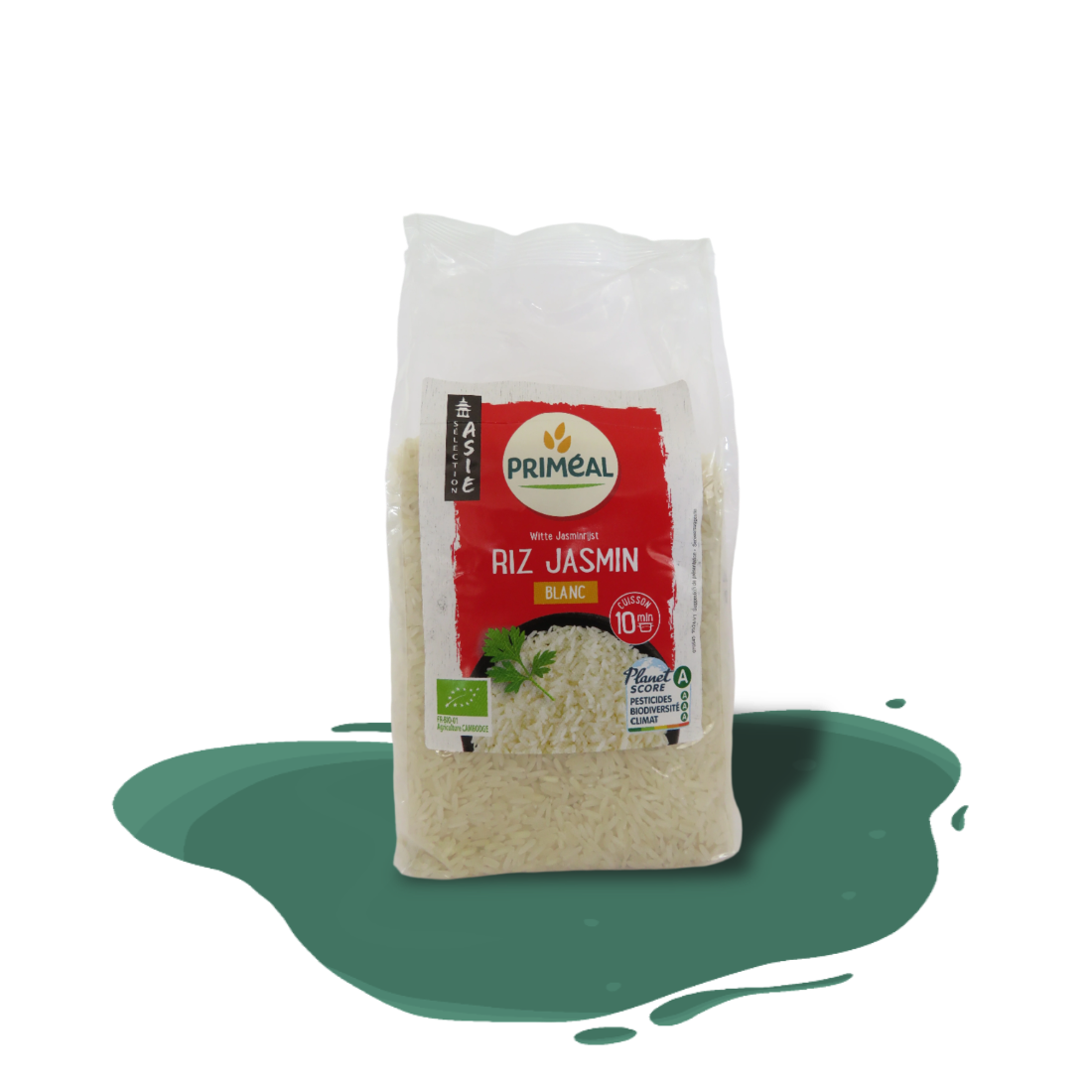 Organic Jasmine rice from Primeal — fragrant, long-grain rice from Cambodia with a tender texture, packed in recyclable packaging.