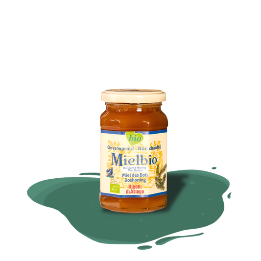 Organic raw wildflower honey from Italy by Rigoni family, unpasteurized and unfiltered, made from forest flower nectar and honeydew from the Asiago plateau.