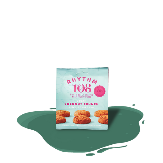 Rhythm 108 Coconut Crunch Biscuits — organic Swiss biscuits with creamy crunch and natural coconut sweetness, crafted sustainably.