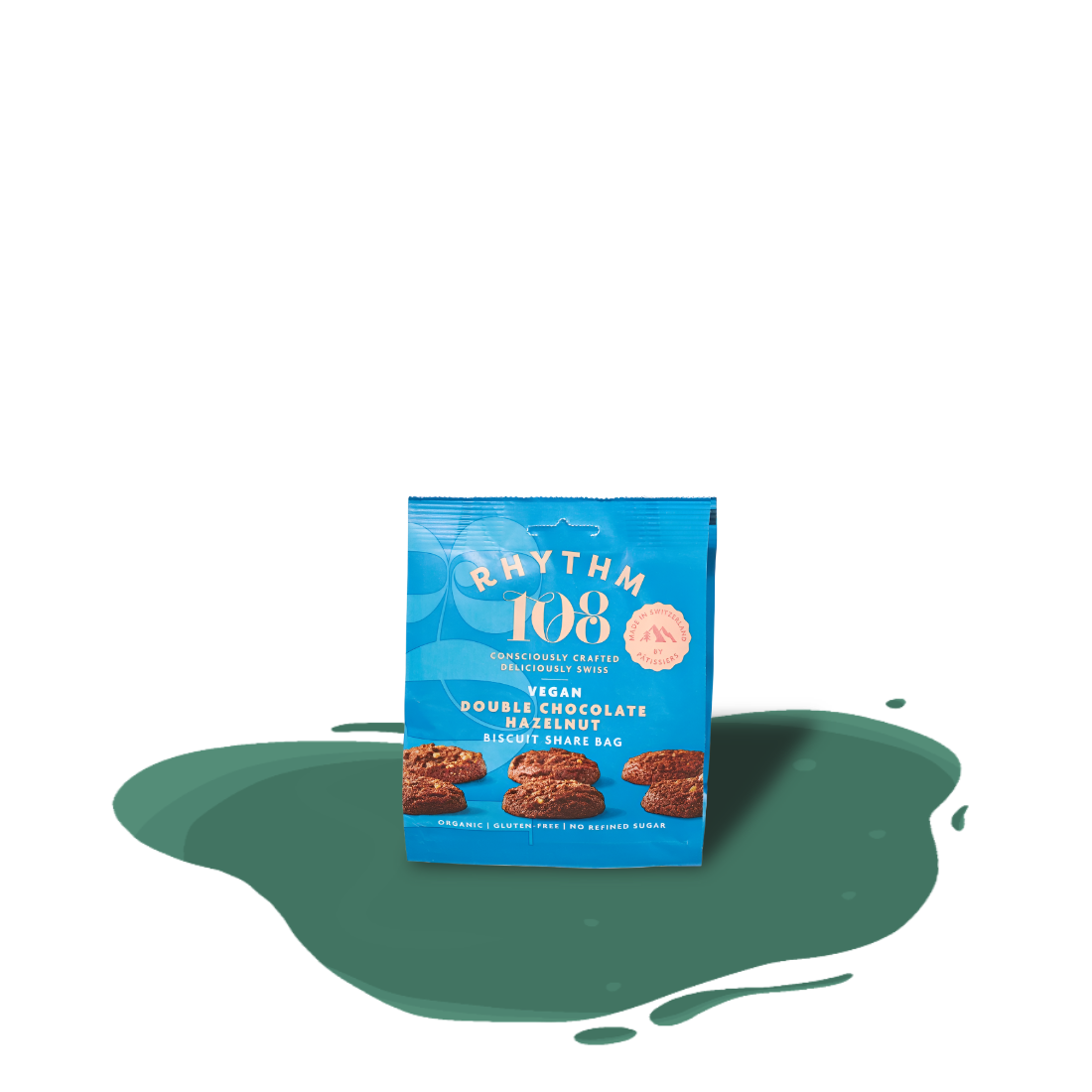 Rhythm 108 Double Chocolate Hazelnut Biscuits — organic, crunchy Swiss biscuits with velvety chocolate and roasted hazelnuts, made sustainably.