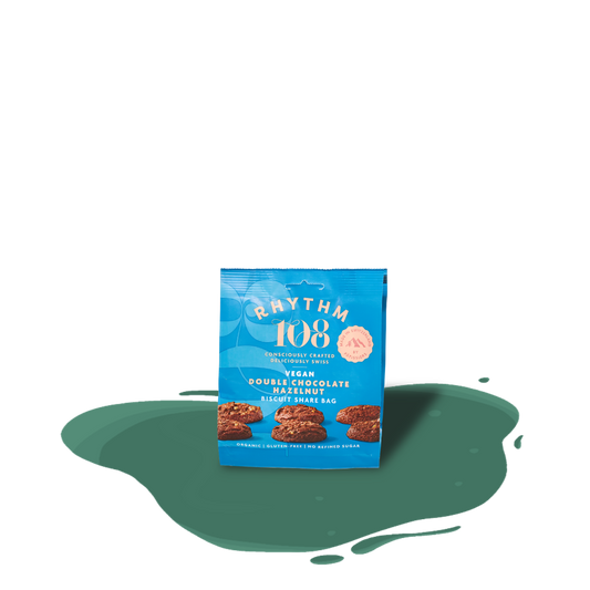 Rhythm 108 Double Chocolate Hazelnut Biscuits — organic, crunchy Swiss biscuits with velvety chocolate and roasted hazelnuts, made sustainably.