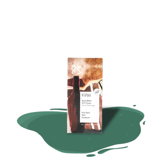 Vivani Dark Chocolate 85% cacao — rich, high-quality organic chocolate with ethical sourcing and sustainable packaging.
